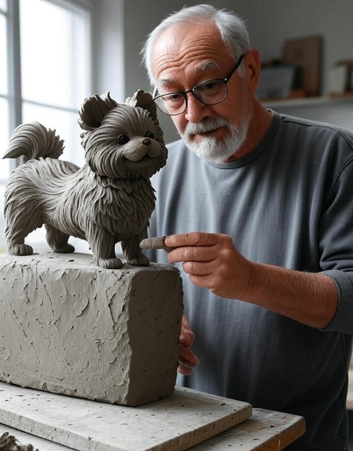 sculptor working on a clay model of a playful Pomsky puppy